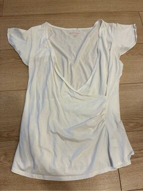 Lilly Pulitzer White Flutter Sleeve Pima Cotton Faux Wrap Top Size L *READ